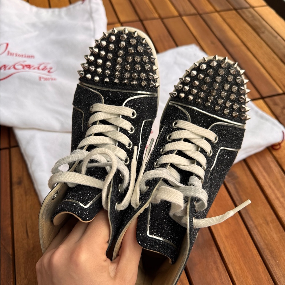 Christian Louboutin Louis Spikes Flat Black Glitter Sneakers 35.5/5.5 Authentic